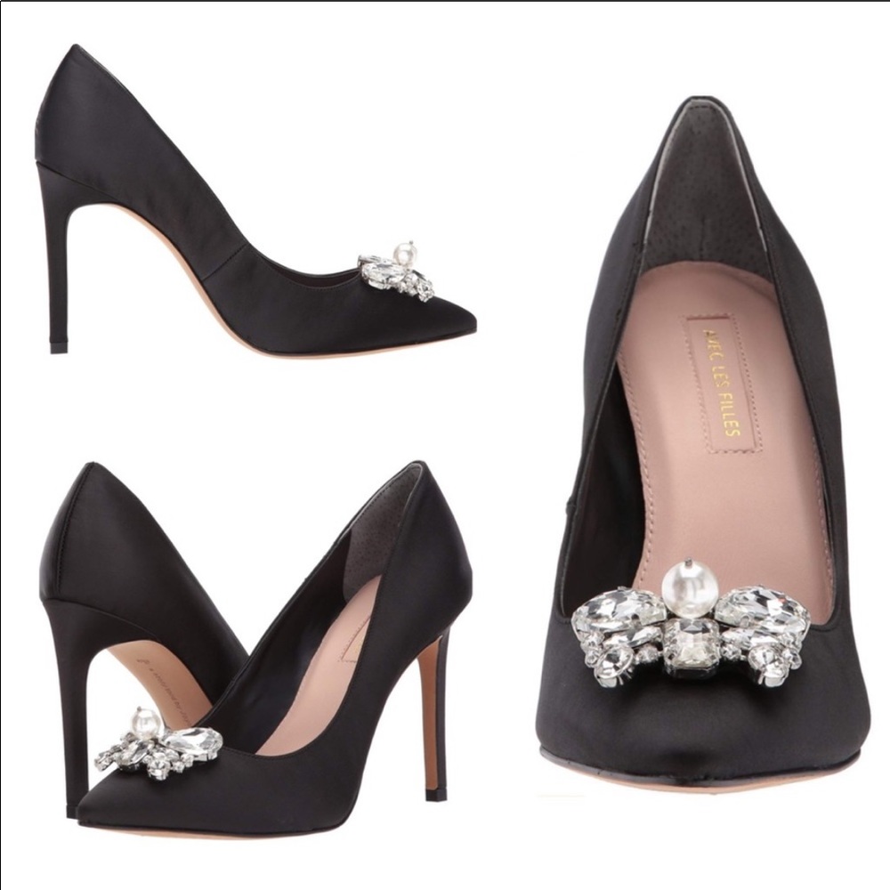 Avec Les Filles satin genuine crystals satin black kidskin leather